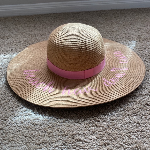 Straw Sun Hat with Pink Band and Text - Picture 3 of 5